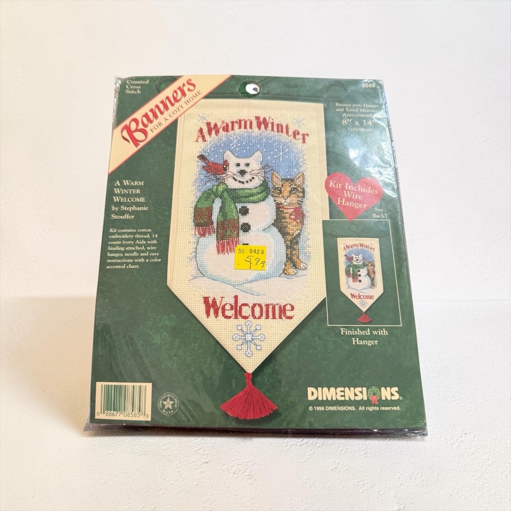 Vtg Dimensions 8585 A Warm Winter Welcome Cross Stitch Banner Kit Snowman Cat